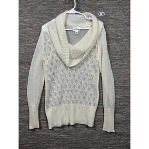 Ann Taylor LOFT Sweater Womens Size M White Open Knit Sequin Cowl Neck Pullover
